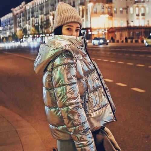 2020 Winter Women Coat Casual Loose Long Sleeve Zipper Hooded Collar Metal Color Glossy Fashion Down Cotton Coat Kobieta Kurtka