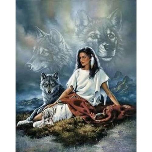 5d diy diamond painting loup india mosaic pictures of rhinestones “indian women and wolf” Home Decoration FOR GIFT