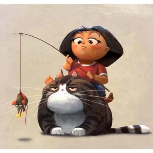 Diamond Embroidery Cartoon Cat Girl Fishing Mouse 5D Diamond Painting Kit Set Cross Stitch Mosaic Animal Home Decoration Gift