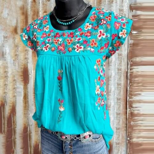 40# Summer Boho Blouse Womens Casual Floral Print Loose O-neck Short Sleeve Tanic Shirt Blouse Tops Summer Casual Tops Tee