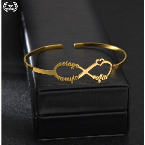 Diamon Personalized Stainless Steel Bracelet Custom Couple Name Letters Infinity Bangles Pendant Nameplate Jewelry Family Gift