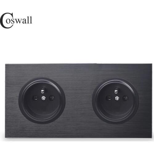 Coswall Black / Silver Grey Aluminum Metal Panel Double French Standard Wall Power Socket Grounded With Children Protective Lock