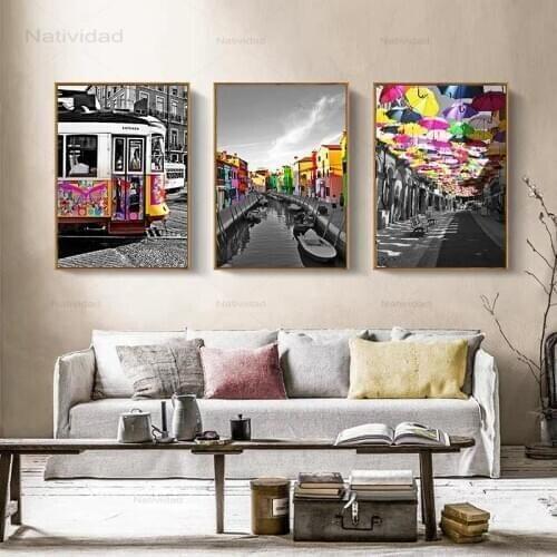 Retro Scenery Home Decor Nordic Canvas Painting Wall Art Print Colorful Umbrella Poster Living Room Black White Decor Picture