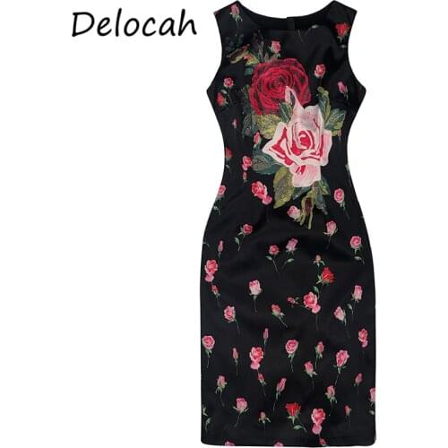 Delocah Women Summer Fashion Fashion Designer Party Short Dress Sleeveless Rose Floral Printed Bodycon Ladies Pencil Dresses
