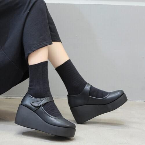 2020 Autumn Spring Woman Wedges Mary Janes Shoes Black High Heels Platform Pumps Chunky Ladies Shoe zapatos mujer Lolita 8703G