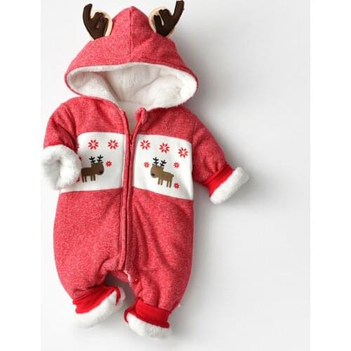 Baby Christmas Jumpsuits Cute Deer Printed Onesie For Newborns Warm Winter Cotton Outfits Infant Romper Xmas Baby Hooded Clothes