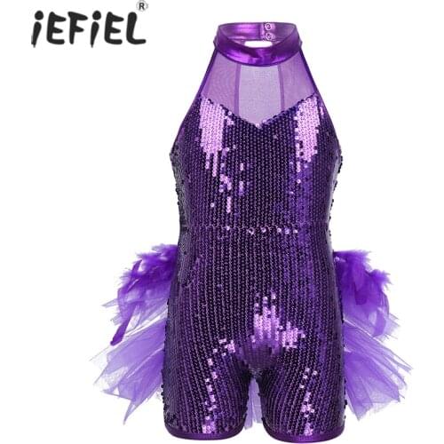 Kids Girls Sequins Latin Dance Ballet Jazz Dance Tutu Dress mesh Sleeveless Mock Neck stage Performance Costume Leotard Jumpsuit