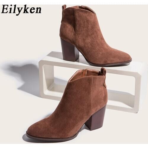 Eilyken Cowboy Boots For Women Party Shoes Fashion Ankle V-Neck Design Square Heels Sexy Pointed Toe Zip Motorcycle Booties