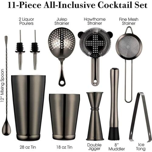 11-Piece Cocktail Shaker Bar Set Weighted Boston Cocktail Shakers, Strainers, Double Jigger, Muddler & Spoon, Ice Tong Pourers