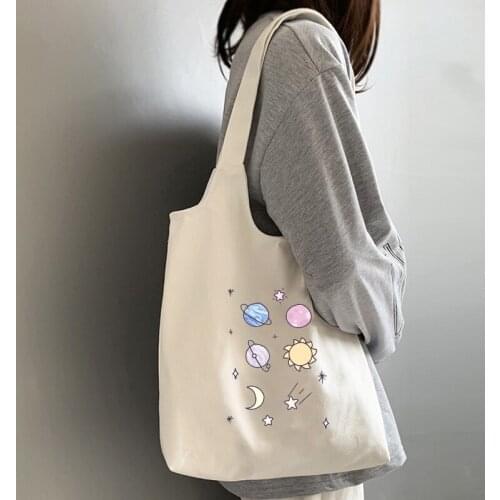 Korea Cute Print Canvas Shopping Bag Gift for Women Literary Shoulder Bags Bookbag Foldable Reusable Large Capacity Sac A Main