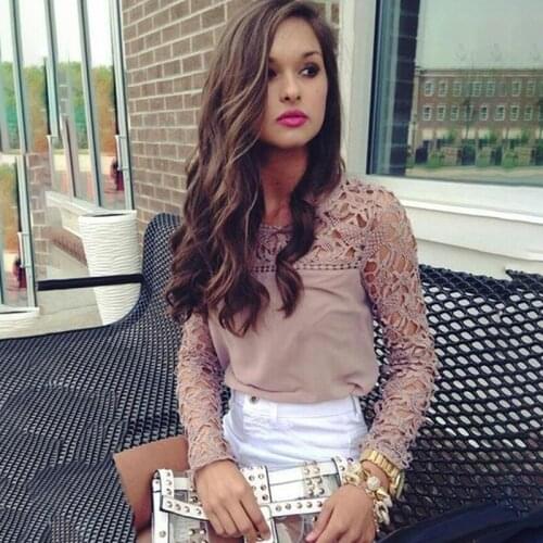 2019 Mulheres rosa Lace oco manga comprida blusa blusas para mulheres camisas