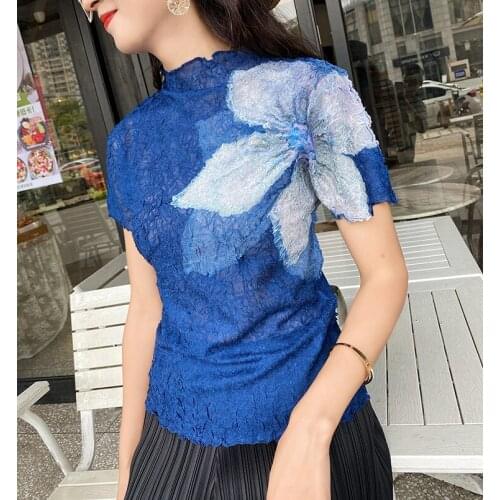 HOT SELLING Miyake print short sleeve fashion fold stand collar fit T-shirts IN STOCK