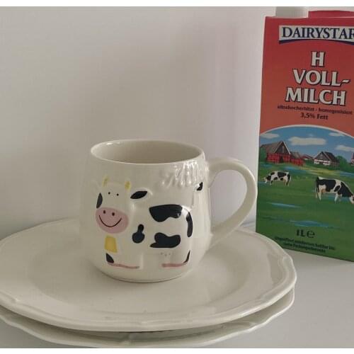 Cute Cow Ceramic Mugs Creative Cartoon Design Coffee Breakfast Cereal Milk Embossed Large Cup Body Office Household Ceramic Mugs