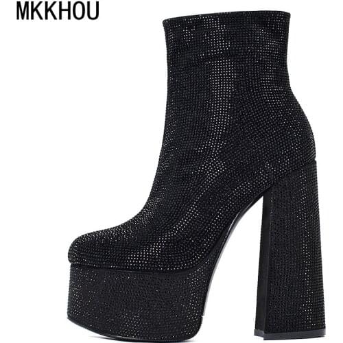 MKKHOU Fashion Short Boots Womens New Sheepskin Crystal Boots Round Toe Platform Boots Thick Heel Super High Heel Ankle Boots