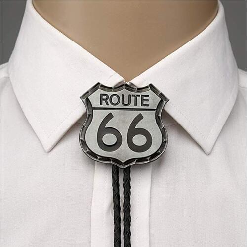 Fashion Vintage Western Cowboy Tie Route 66 Symbol Geometric Shape Bolo Tie,Silver Grey, Large