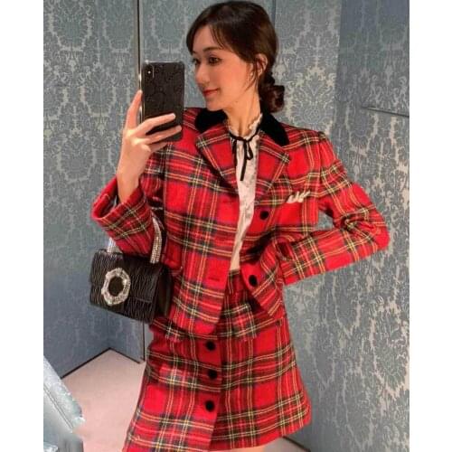 Miaos same 20 autumn and winter womens red plaid skirt suit Plaid Diamond Flower wool short coat