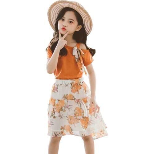 Teenage Clothes Floral Skirt + T shirt 2 Pcs Clothes For Girls Party Off Shoulder Suit For Girls Summer Fashion Girls Clothes