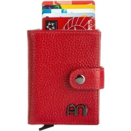 Genuine Leather Card Holder Wallet with Pop-Up Mechanism Red