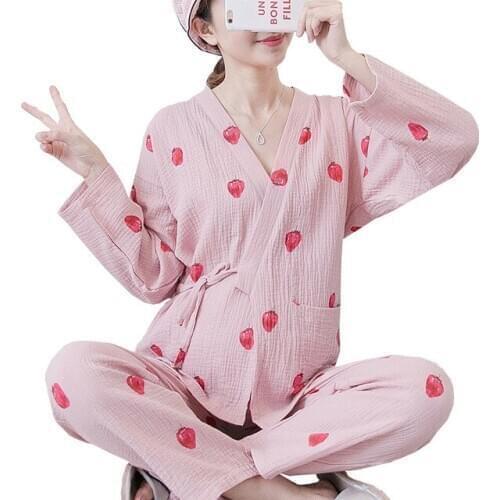 Maternity Pajama Set High Quality Strawberry Print Long Sleeves Maternity Night Gown Clothing Suits for For Pregnant Women New