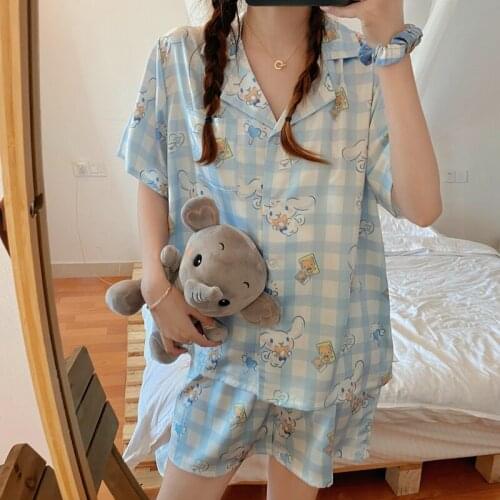 Womens Cute Cartoon Pajamas Set Turn-down Collar Pyjamas Short Sleeves Suit Soft Female Sleepwear Summer Homewear Home Services