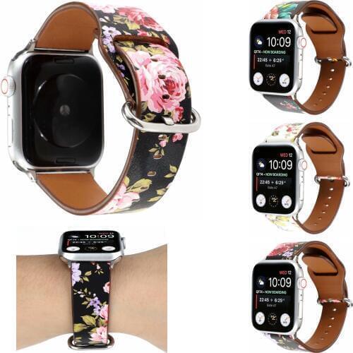 Genuine Leather Watchband For Apple Watch Band 38mm 40mm 42mm 44mm Flower Print Replace Bracelet Strap For iwatch 1 2 3 4 5