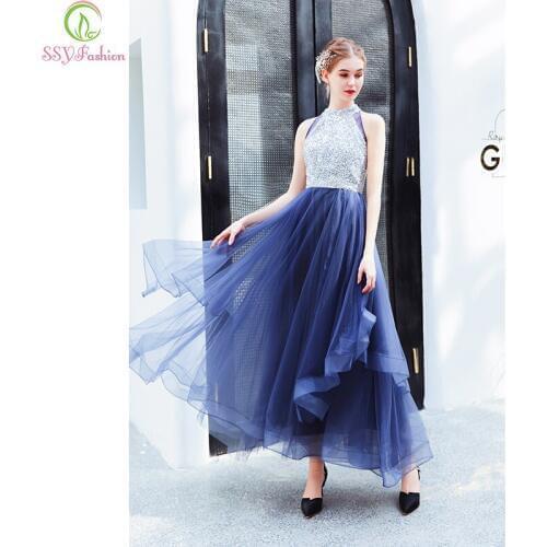 SSYFashion Luxury Sequins Beading Evening Dress Halter Navy Blue Sleeveless Tea-length Party Formal Gowns Special Occasion Dress
