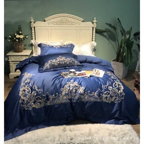 Luxury Embroidered 120S Egyptian cotton Royal Bedding sets Queen King Blue Wedding Duvet cover Bed sheet set Pillowcases 4pcs