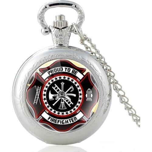 Silver Classic Proud To Be Firefighter Design Glass Cabochon Quartz Pocket Watch Vintage Men Women Pendant Necklace Chain Clock