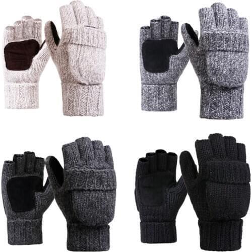 Unisex Wool Gloves Thermal Insulation Fingerless Gloves Winter Warm Knitted Convertible Mittens Flap Cover