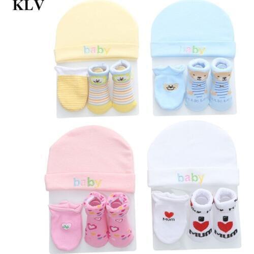 KLV Cute Cotton Baby Boys Baby Girls Hat Socks Cap Set Cartoon Cotton Hat Anti Scraching Gloves Baby Hats Bonnet For Newborns