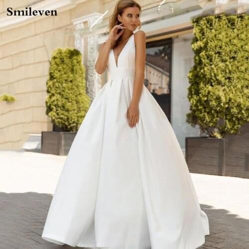 Smileven Satin A Line Wedding Dresses Simple And Clean Backless Bride Dress Elegant Style Boho Bridal Gowns