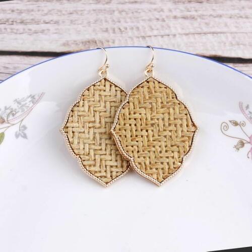 ZWPON Gold Plating Frame Teardrop Earrings Moroccan Necklace Handmade Knit Straw Mat Ratton Quatrefoil Necklace for Woman