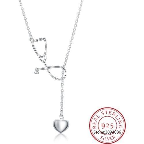 High Quality 925 Sterling Silver Doctor Stethoscope Pendant Necklace Heart Doctor Nurse Medical For Women Necklace