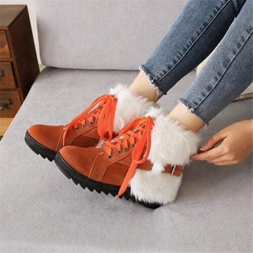 PXELENA Hot Rabbit Fur Women Snow Boots Flat Platform Non Slip Winter Warm Ankle Boots Lace Up Faux Suede Shoes Plus Size 35-43