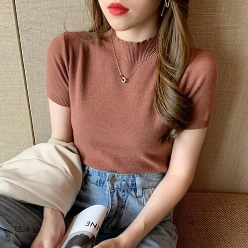 Women Clothing 2021 Spring Fall Female Slim Knitted Sweater Pullovers Korean Fashion Office Lady Tops Short Sleeve Turtleneck