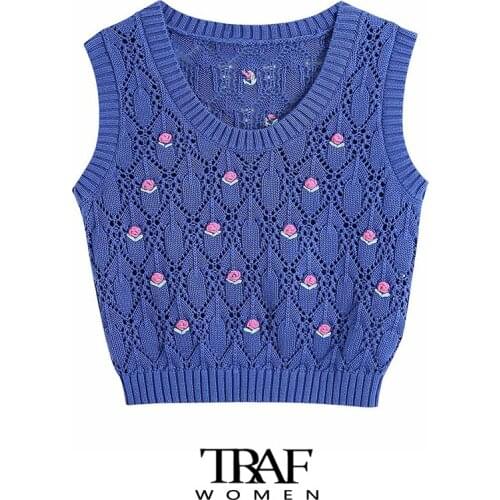 TRAF Za Women Fashion Floral Embroidery Cropped Knit Vest Sweater Vintage O Neck Sleeveless Female Waistcoat Chic Tops