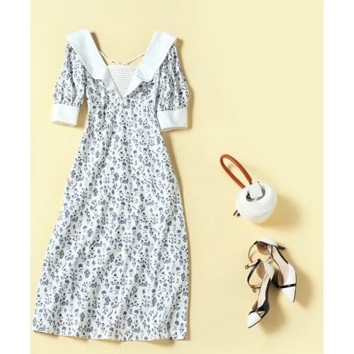 New Korean Dress 2021 Summer Style Women V-Neck Vintage Porcelain Prints Pockets Patchwork Short Sleeve Mid-Calf Cotton Dress