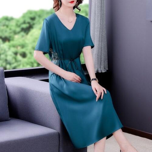 Summer Solid 4XL Plus Size Embroidery Midi Dress 2021 Women Vintage Black Mulberry Silk Dresses Elegant Bodycon Party Vestidos