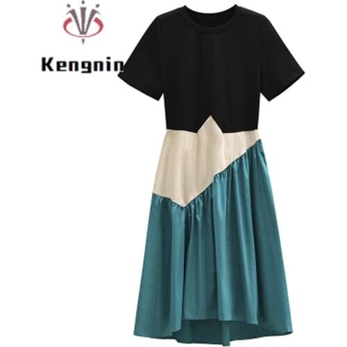 Plus Size 4XL Women Dresses 2021 Summer Dress New Asymmetrical Patchwork Cotton Lady Dress European Style T-Shirt Dress KE1367
