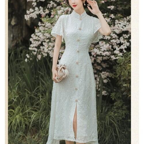 Women French Elegant Pearl Tassel Embroidered Dress Summer Fashion Chic Gentle Chiffon Noble Ladies Cheongsam