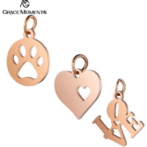5pcs/Lot 316L Stainless Steel Charms Rose Gold Color Hollow Dog Paw Heart Love Charms Pendants for Jewelry Making DIY Handmade