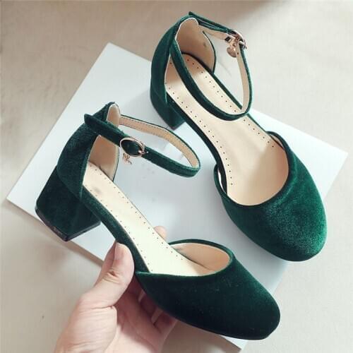 AGODOR block heel pumps vevet medium heels women shoes 2020 spring summer round toe ankle strap ladies shoes green plus size