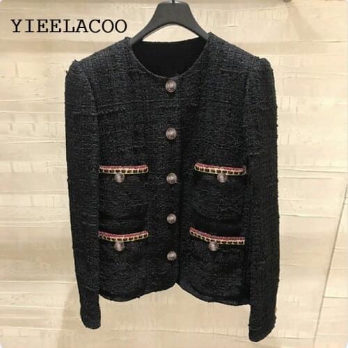 Black tweed jacket female spring /autumn / winter jacket temperament womens jacket single-breasted round neck coat