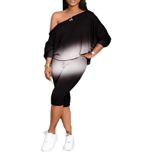 Women Plus Size Yoga Sets Two-piece Gradient Color Sportswear Long Sleeve Off-shoulder T-shirt+High Waist Short Pants S-4XL