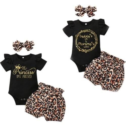 FOCUSNORM Newborn Baby Girls Clothes Sets 3pcs Letter Leopard Print Ruffles Short Sleeve Romper Shorts Headband