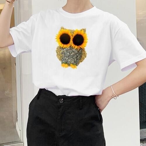 Sunflower Owl Print Women T Shirt Womens Fashion Aesthetic Tops Summer T-shirt Short Sleeved Polyester Funny T-shirts Female