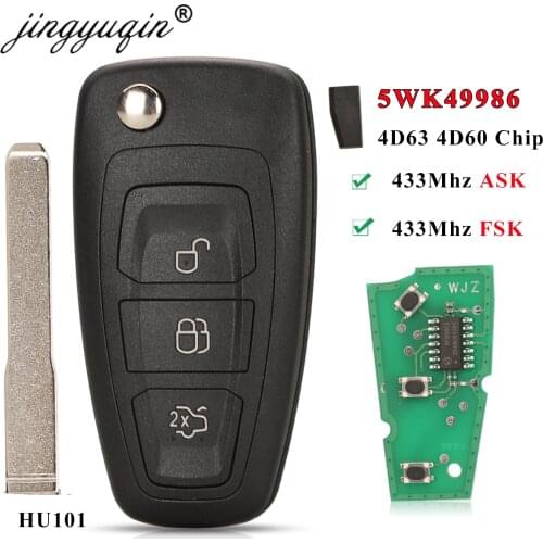 Jingyuqin 3 Button 4D63 4D60 Chip 433Mhz ASK Flip Key Fob For Ford C-Max Focus Fiesta Mondeo Remote Keys Control HU101 Blade