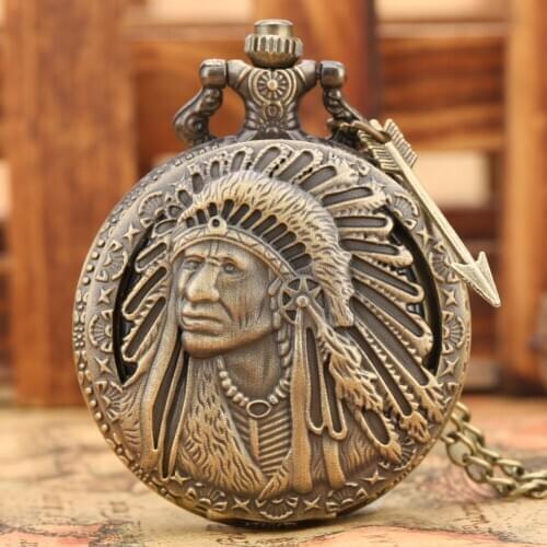 Retro Bronze Indian Old Man Carving Design Pocket Watch Vintage Pendant Arrow Necklace Chain Antique Clock Gifts For Men Women