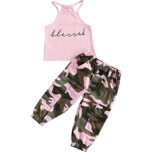 Infant Kids Baby Girl’s 2Pcs Clothes Set, Sleeveless Letter Printed High Neck Halter Tops with Camouflage Printed Long Pants