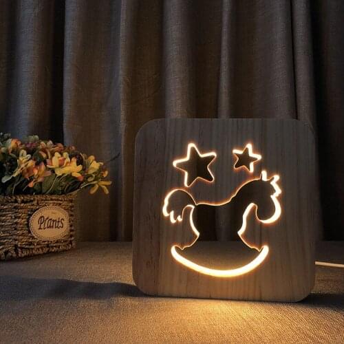 Creative Hollowed-out Wood Horse Lamp USB Supply 3D Night Light LED Bedroom Bedside Table Lamp